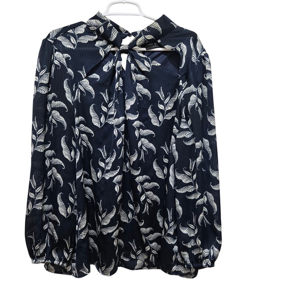 Lane Bryant Pleated Tie Neck Blouse Size 20 Navy Floral Long Sleeve Office Top